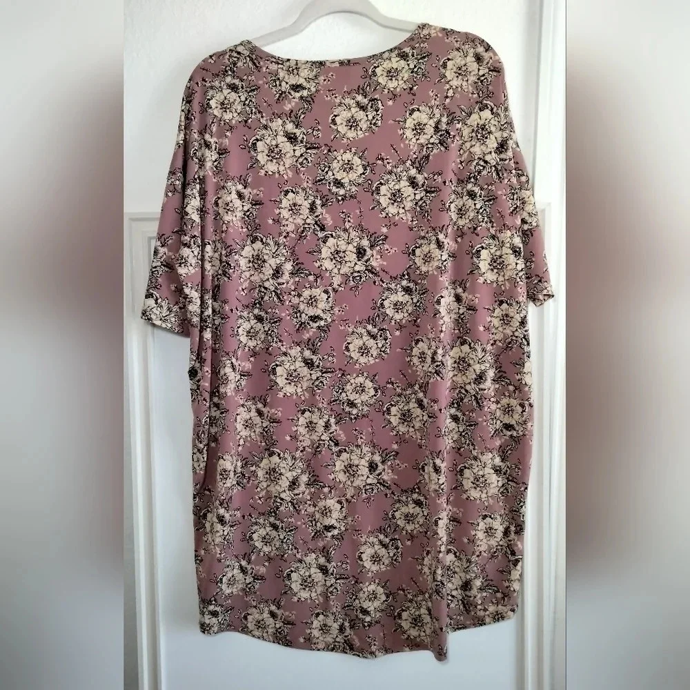 LuLaRoe Womens SzM Short Sleeve Soft Plum-LightCreamFloral Print High to Low Hem - Picture 2 of 7
